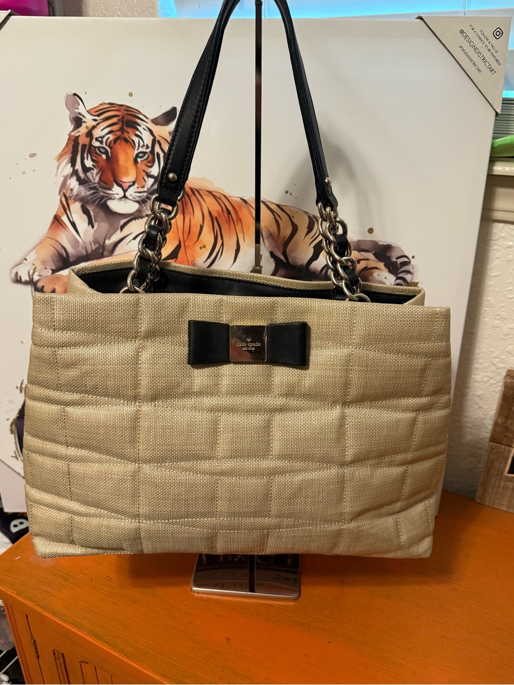 kate spade Gold Quilted Tote with Black Trim and Bow